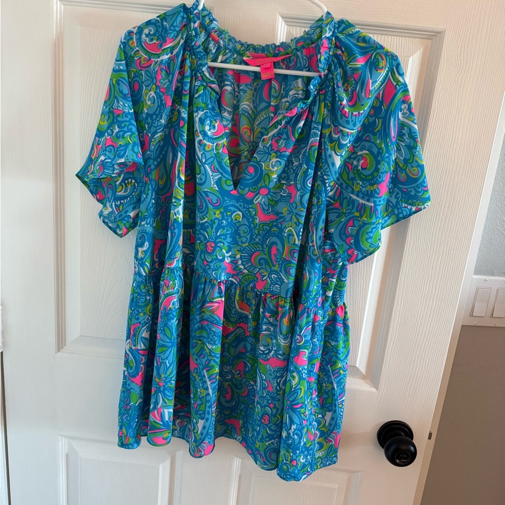 Lilly Pulitzer Turquoise Multi Paisley Short Sleeve Tunic Top
